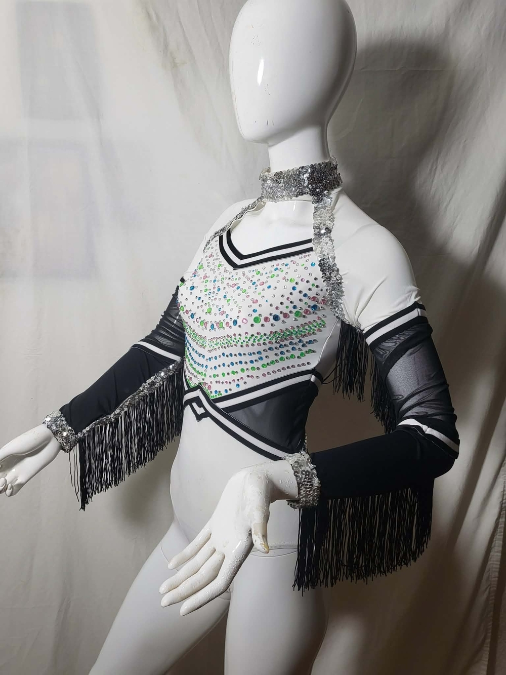 balera White and Black Long Sleeve Fringe Performance Top with Sequin Accents